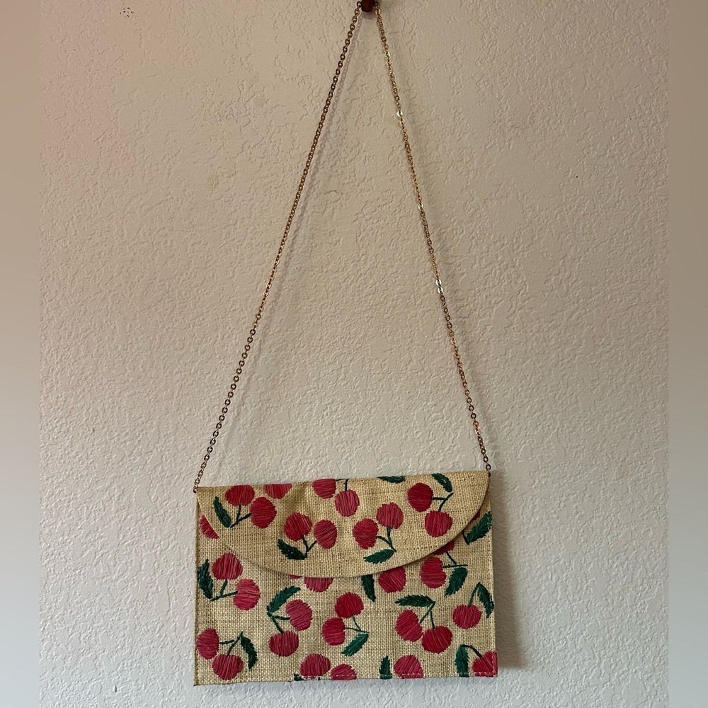 Kayu Hand Embroidered Envelope Cherry Patterned Tan Clutch Bag